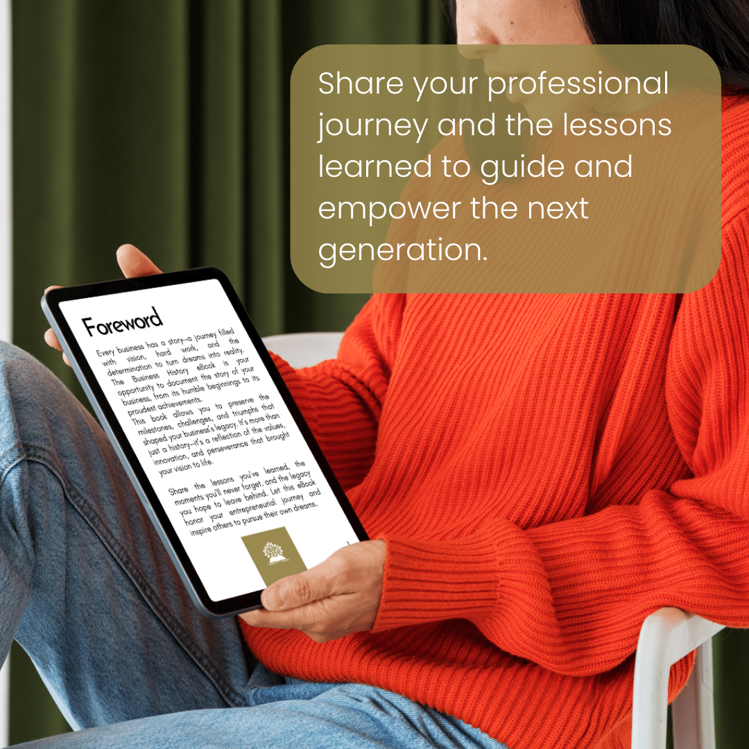 Sample page of a Business History eBook featuring company milestones and leadership advice.