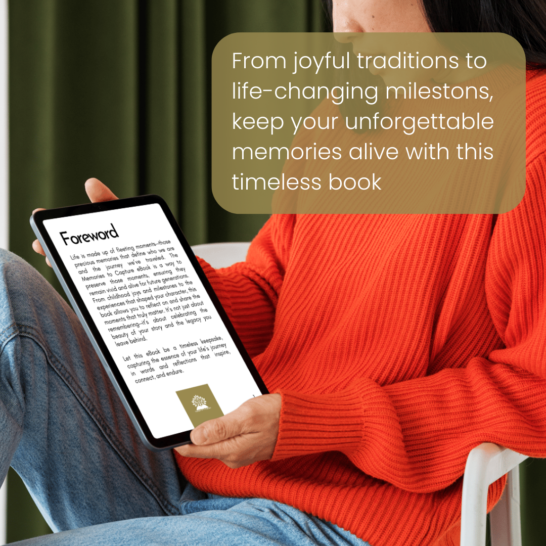 Sample page of a Memories to Capture eBook featuring family stories and photos.